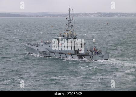 The UK Border Force cutter HMC SEEKER departs from Gosport and resumes patrol along the south coast Stock Photo