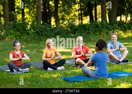 Group of senior people attending yoga class with instructor outdoors Stock Photo