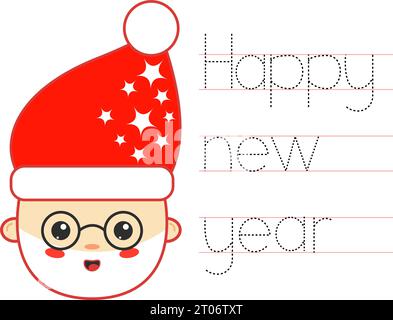 Handwriting practice with cute Santa. Happy new year. Tracing lines. Worksheets for kids. Stock Vector