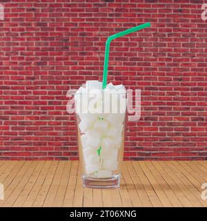 Creative composition made of glass full of sugar cubes with green drinking straw. Minimal unhealthy diet concept. Be healthy lifestyle idea. Stock Photo