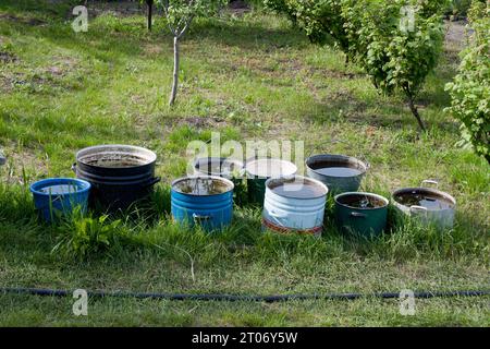 Old large pots and buckets of water in garden. Warm water for watering plants in kitchen garden. Tanks for collecting and heating rain and tap water i Stock Photo