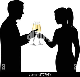 Heterosexual couple black silhouettes drinking champagne and talking celebration scene vector illustration Stock Vector