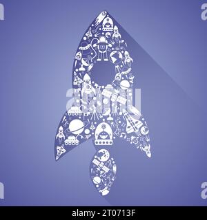 Space rocket spacecraft made of white cosmos science technology icons set vector illustration Stock Vector