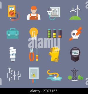 Electricity icon flat set with multimeter electrician socket pylon isolated vector illustration Stock Vector