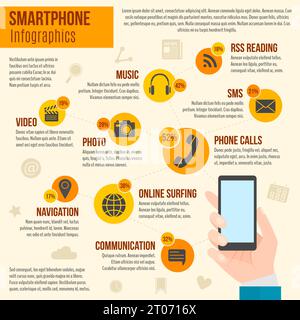 Smartphone infographics set with human hand holding mobile phone vector illustration Stock Vector