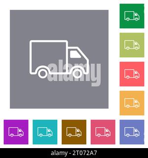 Delivery truck side view outline flat icons on simple color square backgrounds Stock Vector
