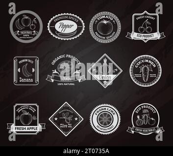 Fresh quality eco cherry fruits and vegetables chalk blackboard labels advertisement icons collection sketch vector isolated illustration Stock Vector