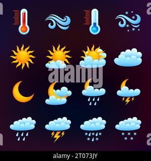 Weather forecast decorative icons set on dark background isolated vector illustration Stock Vector