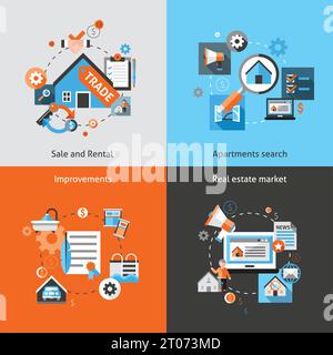 Real estate design concept set with sale and rental market apartment search improvements flat icons isolated vector illustration Stock Vector