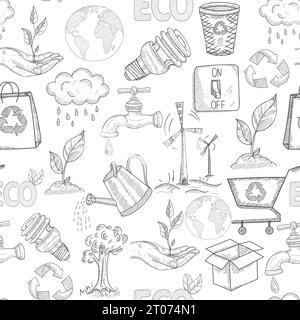 Doodle ecology seamless pattern with plants nature conservation symbols vector illustration Stock Vector