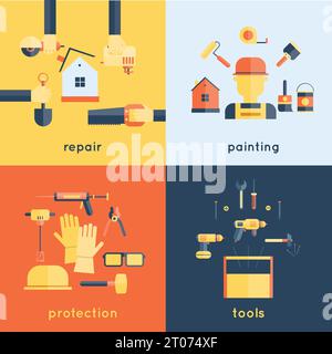 Home repair painting brush construction tools measuring tape flat icons composition design vector illustration Stock Vector