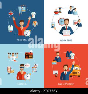 Businessman daily routine 4 flat icons composition of morning working hours and evening abstract isolated vector illustration Stock Vector