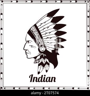 American indian traditional head of clan chieftain ethnic tribe leader pictogram design black sketch abstract vector illustration Stock Vector