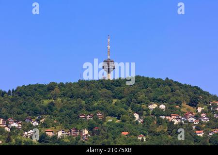 Telecommunication tower antenna in mount Parnitha, Greece Stock Photo ...