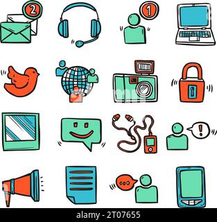 Social media sketch decorative icons set with email mobile phone speech bubble isolated vector illustration Stock Vector