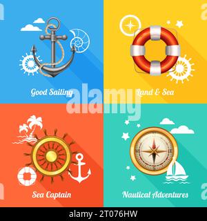 Vintage marine nautical concept 4 flat icons composition with anchor compass and steering wheel abstract vector illustration Stock Vector