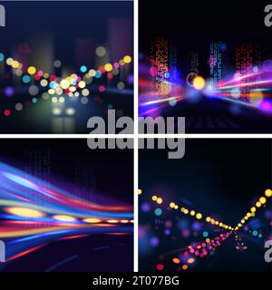 Night illuminated city blur backgrounds set with traffic lights isolated vector illustration Stock Vector