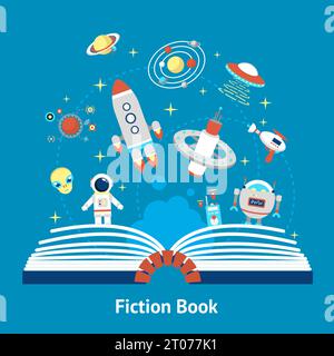 Open fiction book concept with future space mysterious symbols vector illustration Stock Vector
