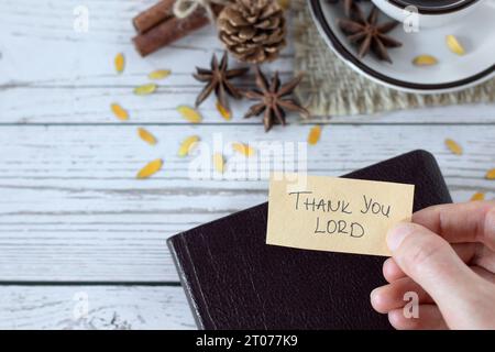 Thank You, LORD, Christian text note with autumn fruit and blurred ...