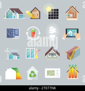 Energy saving environment friendly green house icons set isolated vector illustration Stock Vector