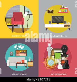 Living room furniture design concept set with modern home interior elements isolated vector illustration Stock Vector