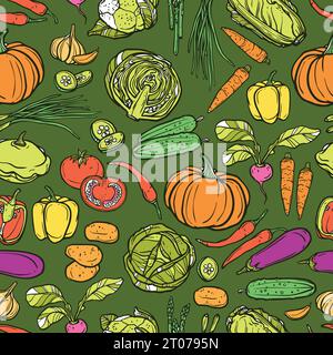 Vegetables seamless pattern with sketch cauliflower asparagus cabbage garlic vector illustration Stock Vector