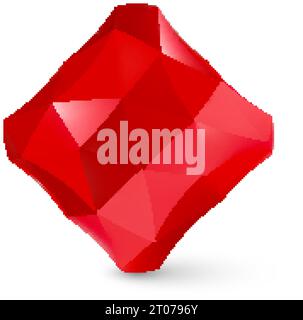 Low Poly Cubical Object, Geometric Wireframe Shape, or Red Crystal Polyhedron with Shadow Effect on White Background Stock Vector