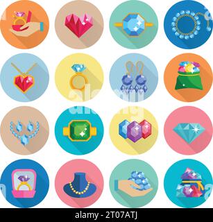 Precious jewels icons flat set with luxury earrings rings bracelets and necklaces isolated vector illustration Stock Vector