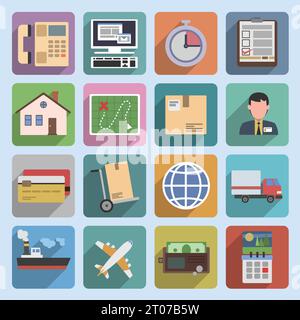 Multicolored logistic transportation service flat icons set of shipping delivery and supply chain isolated vector illustration. Stock Vector