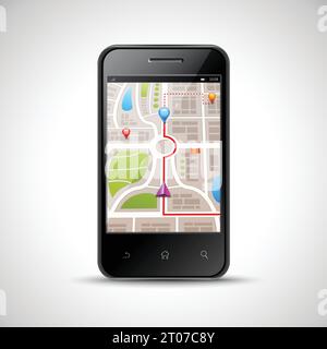 Realistic smartphone with gps navigation map on screen isolated on white background vector illustration Stock Vector