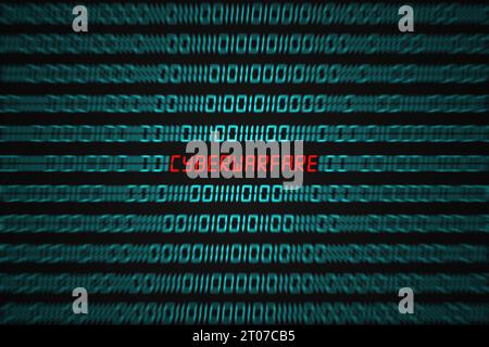 Zoom on the red word "Cyberwarfare" hidden in the middle of a binary code sequence. Stock Photo