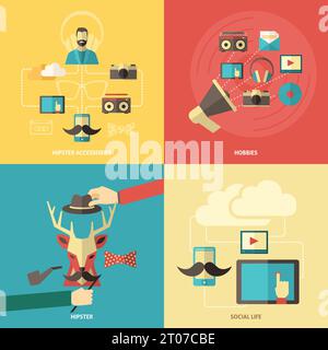 Hipster design concept set with hobbies and fashion accessories flat icons isolated vector illustration Stock Vector