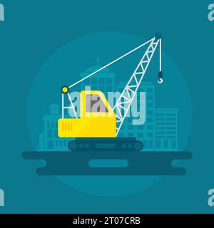 Lifting crane construction equipment with building on background flat icon vector illustration Stock Vector