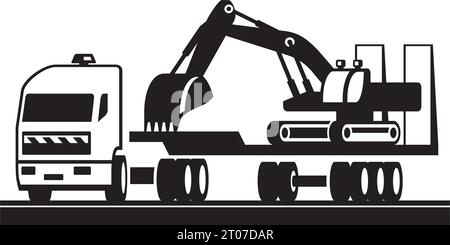 Truck carrying heavy construction machinery – vector illustration Stock Vector