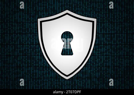 White cybersecurity shield on a blue binary code background. Stock Photo