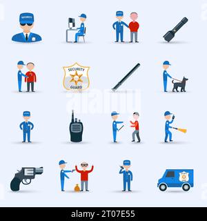 Security guard officer service cartoon character icons set with patrolling and detention duties  abstract isolated vector illustration Stock Vector
