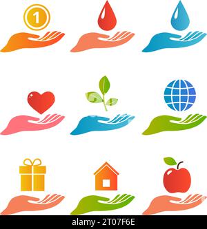 Hands and palm up concept with various objects logo set flat isolated vector illustration Stock Vector