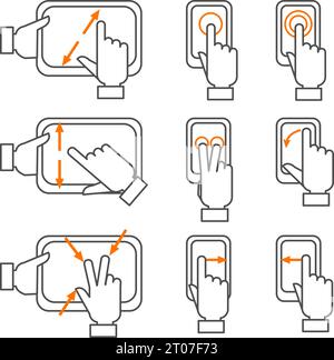 Smartphone gestures with touchscreen orange black outline icons set flat isolated vector illustration Stock Vector