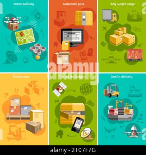New logistics drone  safe delivery and tracing cargo 6 flat icons composition poster abstract isolated vector illustration Stock Vector