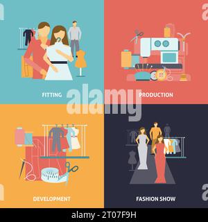 Clothes design icons set with production process development and fashion show flat isolated vector illustration Stock Vector