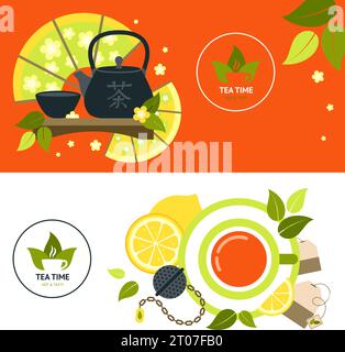Tea horizontal banner set with flat drink elements isolated vector illustration Stock Vector
