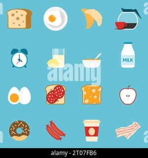 Breakfast icons set with sandwiches milk and coffee on blue background flat isolated vector illustration Stock Vector