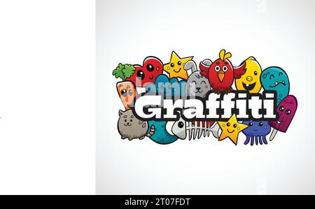 Graffiti text  and cartoon abstract characters composition animals and fruits flat bright color concept vector illustration Stock Vector