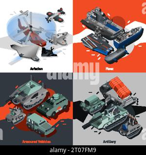 Military equipment design concept set with aviation fleet artillery isometric icons isolated vector illustration Stock Vector