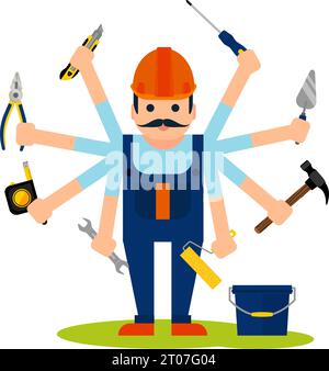 Flat style concept of handyman worker with 8 hands and tools for house maintenance repairs and renovation vector illustration Stock Vector