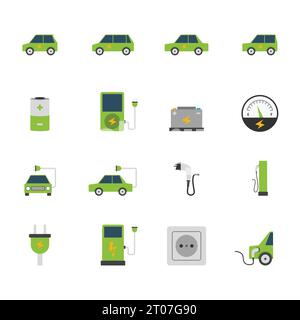 Electric car bus charging station and socket green flat color icon set isolated vector illustration Stock Vector