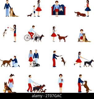 People playing and walking with different breeds of dogs set isolated vector illustration Stock Vector