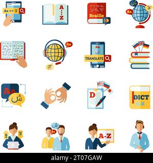 Different languages translator and dictionary icons set isolated vector illustration Stock Vector