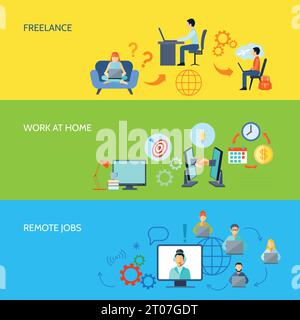 Freelance online work at home and remote jobs flat color banner set isolated vector illustration Stock Vector