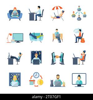 Freelance icons set with working at home rest and laptop flat isolated vector illustration Stock Vector